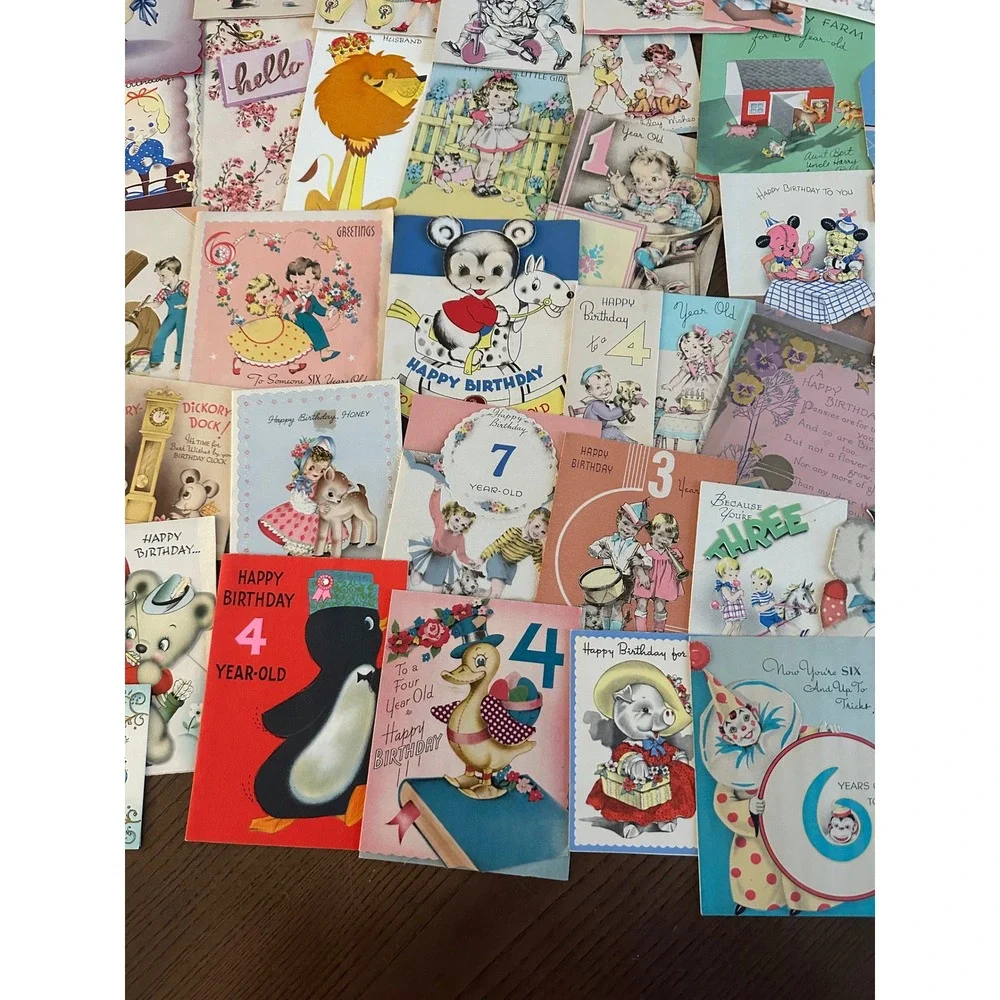 Vintage Birthday Cards Lot Mid Century Childrens Ephemera Animals Ages 1-7 60+pc
